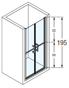 Diagram showing a pair of stable style shower doors in an alcove setting