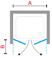 Diagram showing the swing of a pair of stable style shower doors in an alcove setting