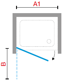 Diagram showing the swing of a stable style shower door in an alcove setting