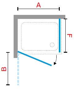 Diagram showing the swing of a stable style shower door in a corner setting