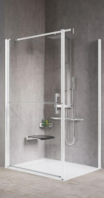 Stable style corner shower enclosure with split hinged shower door to facilitate carer assistance
