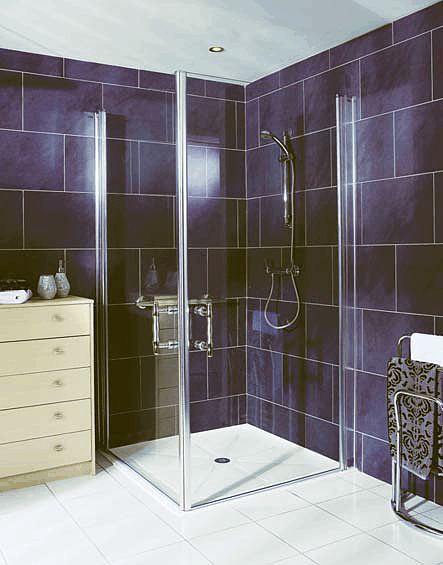 Two EASA Elegance hinged glass panels configured as a corner shower