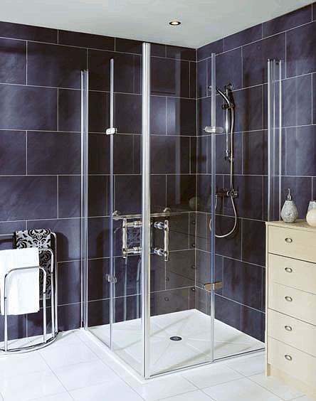A pair of EASA Elegance bi-fold shower doors configured to create a corner shower enclosure.
