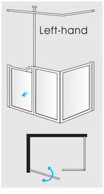 Front entry via hinged door + L shaped fixed panels and support pole LH Corner