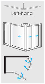 Corner entry via bi-fold door and hinged door + fixed panel with support pole (LH)