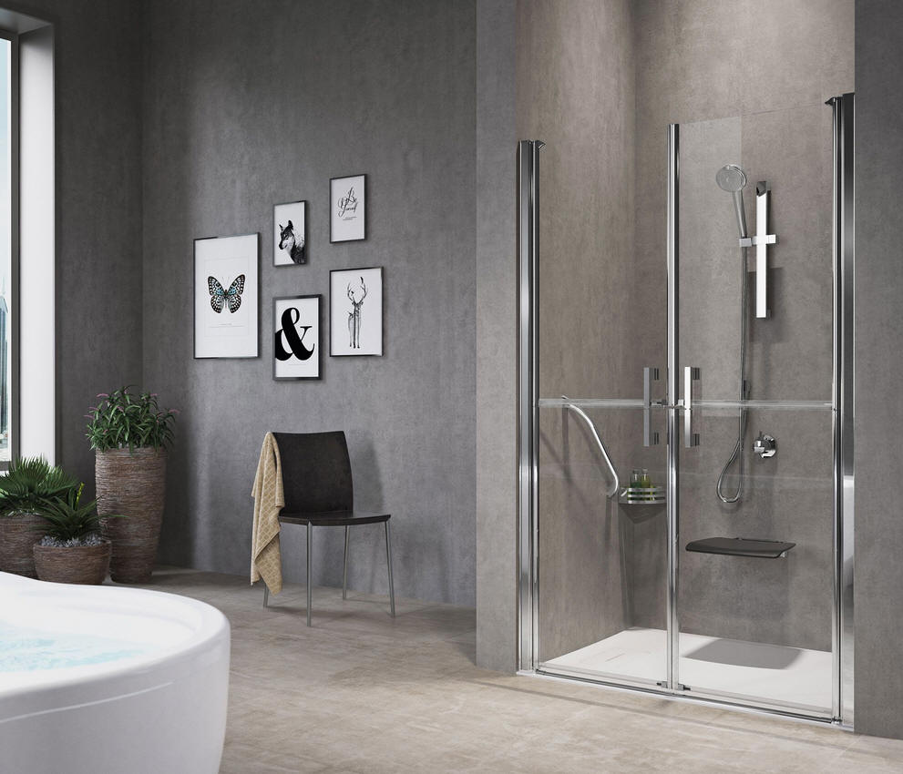 A pair of stable style shower doors installed to a wide alcove to provide a roomy shower enclosure while facilitating carer assistance.