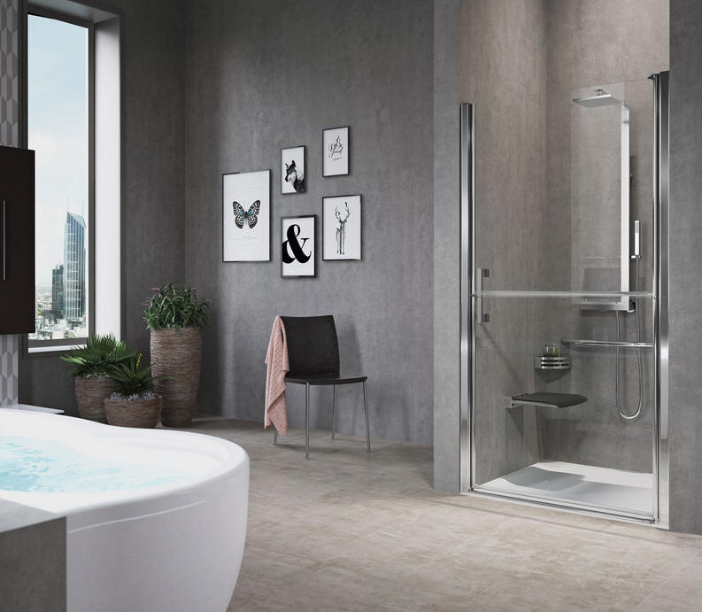 Shown here, a single stable style shower door encloses an alcove. External carer assistance is made easy by opening the top glass panel while leaving the lower one closed.
