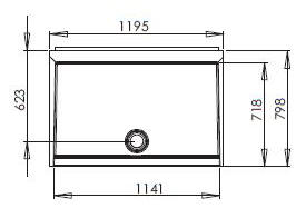 Diagram showing critical measurements of the 1200mm alcove shower pod