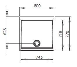 Diagram showing critical measurements of the 800mm alcove shower pod