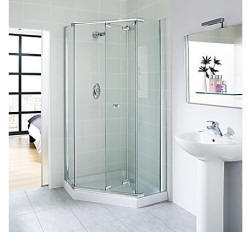 Pentangle shower enclosure with bi-fold doors