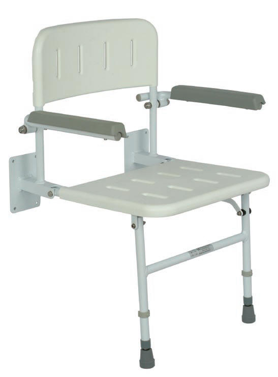 Fold down shower seat with arm rests and legs