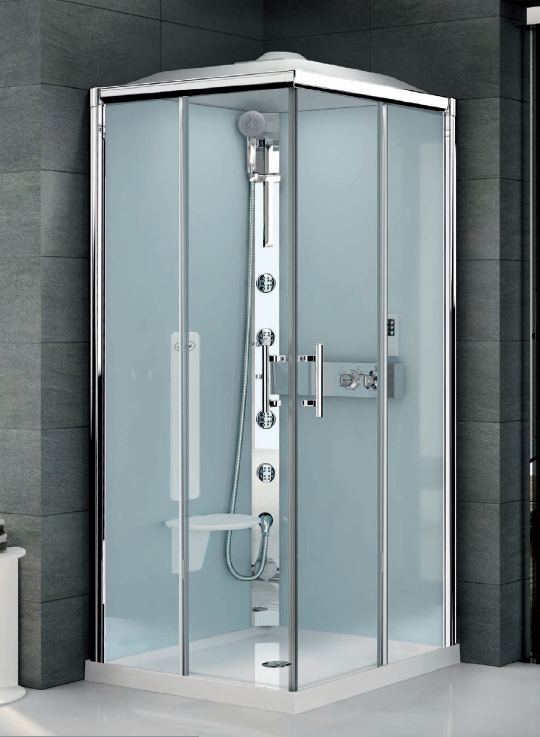 Corner entry one peice shower pod with body jets and seat