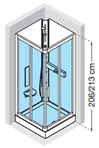 Corner entry hydro massage shower cubicle without roof panel and fold down seat