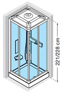 Corner entry hydro massage shower cubicle with roof panel and overhead shower rose and fold down seat with back rest