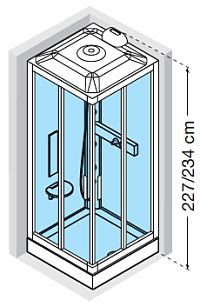 Corner entry corner shower cubicle with roof panel, overhead shower, seat and back rest and steam generator