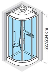 Quadrant hydro massage shower cubicle with steam generator and roof dome