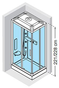 Offset left hand corner shower cubicle with corner entry and roof panel incorporating shower head