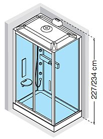 Offset left hand corner shower cubicle with sliding door, roof panel incorporating steam generator and shower head