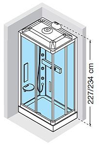 Offset left hand corner shower cubicle with corner entry and roof panel incorporating steam generator and shower head