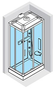 Offset right  hand corner shower cubicle with corner entry and roof panel incorporating steam generator and shower head