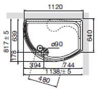 Dimensional diagram of right hand offset quadrant shower pod