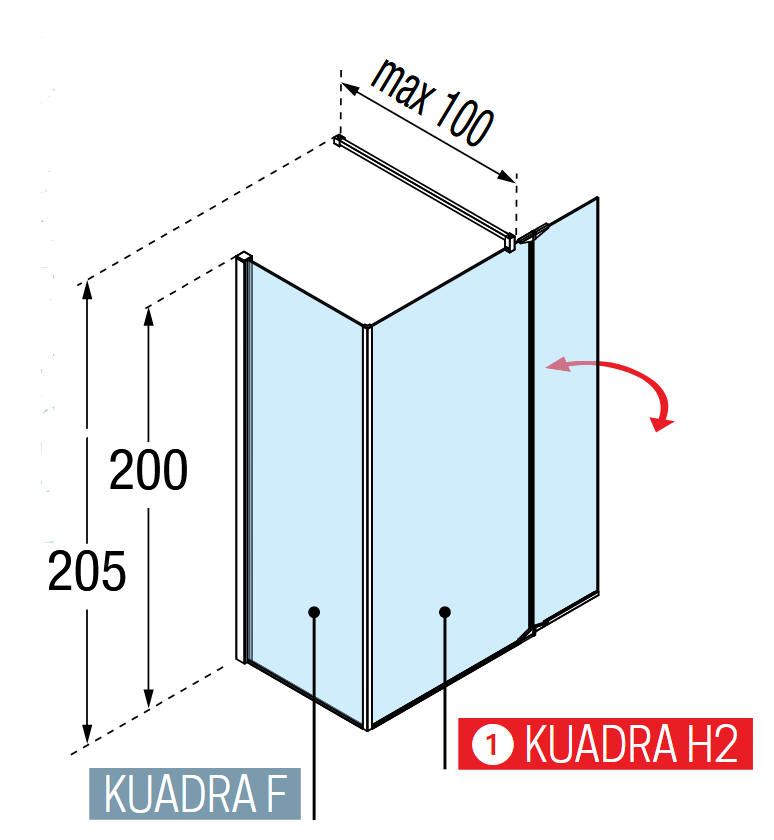 Novellini Kuadra H2 shower screen with flipper panel and fixed end panel to suit a corner setting