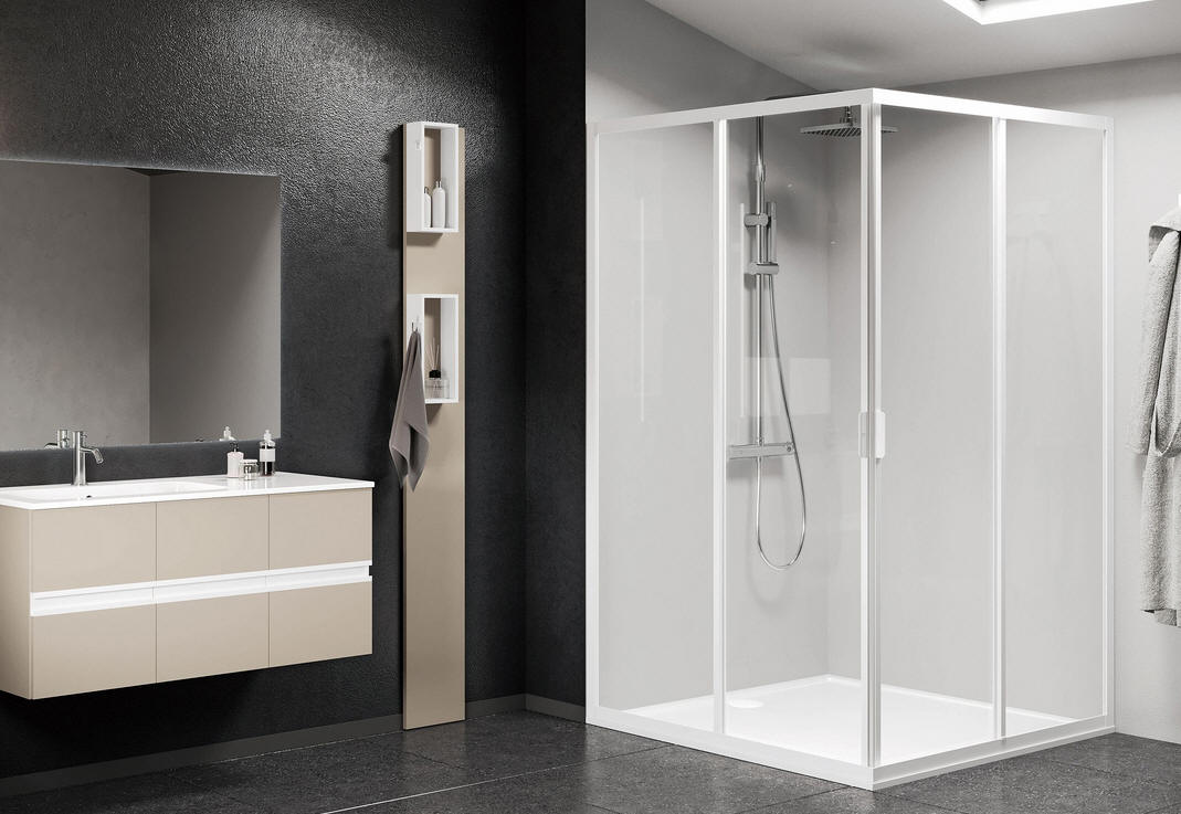 Novellini LUNES 2.0 A corner shower enclosure with entry at the corner via two sliding doors