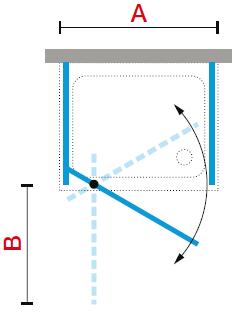 Novellini Lunes 2 G diagram showing mid-wall shower enclosure with pivot shower door and 2 fixed panels