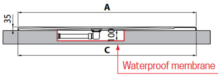 Diagram showing the Novellini Custom Shower Tray mounted on the surface of the floor.