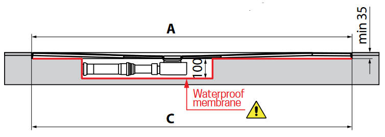 Diagram showing cross-section of the Novellini Custom Shower Tray rebated into floor