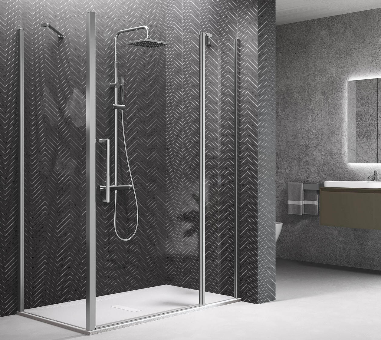 Novellini YOUNG 2P+ F hinged shower door suppirted from inline fixed panel.