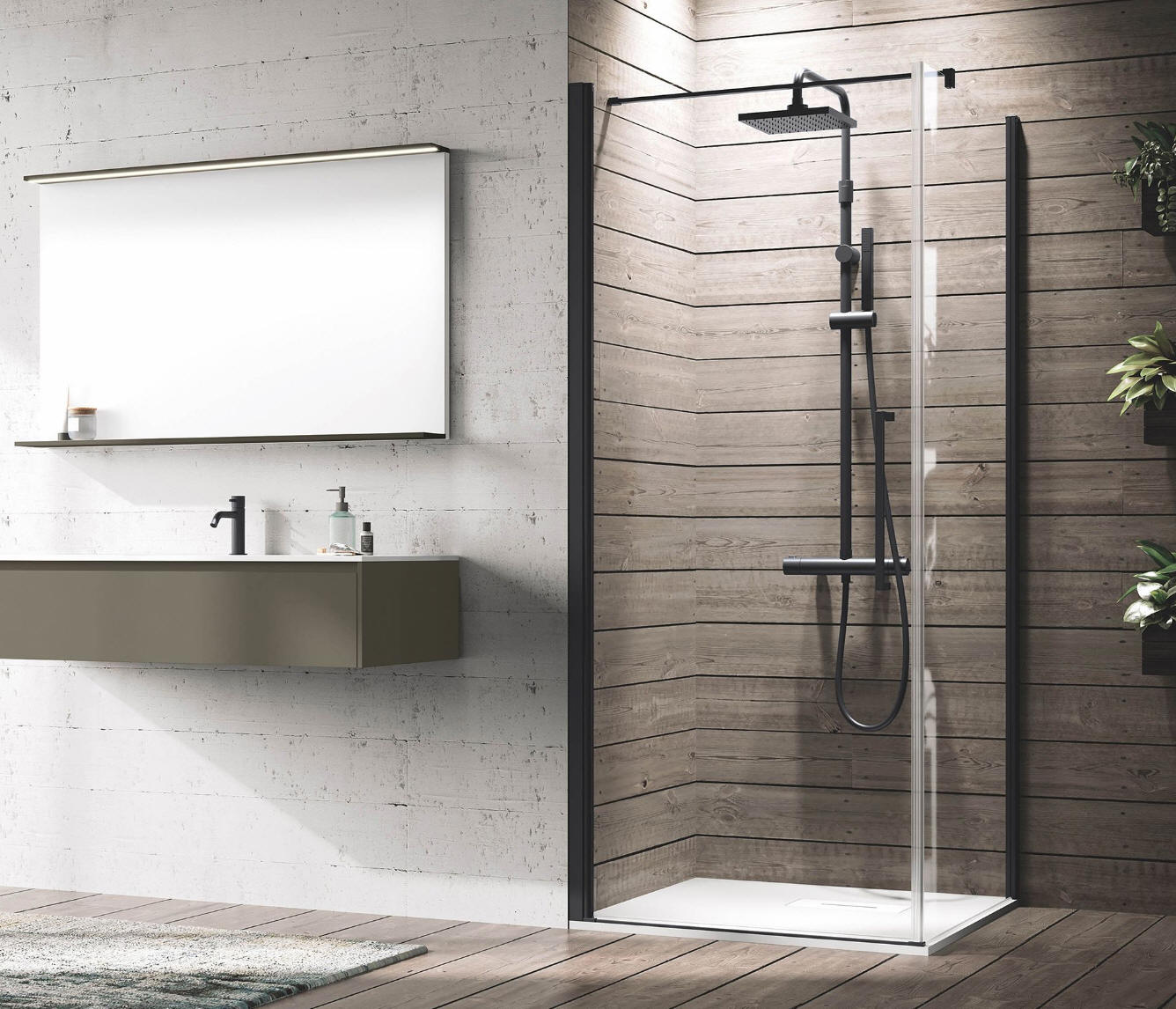 Novellini YOUNG G hinged shower door. Shown here with Matt Black profiles, clear glass and optional fixed side panel to create a corner shower enclosure