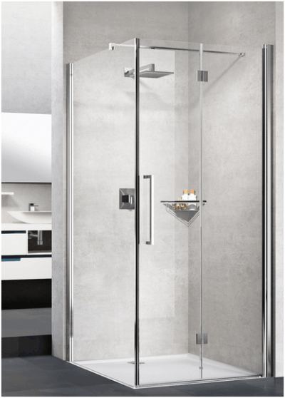 Novellini Young 2 hinging bi-folding door corner enclosure with fixed side panel.