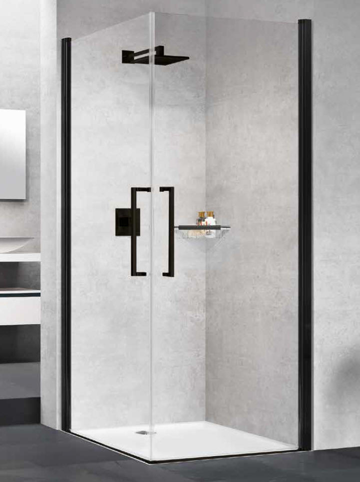 The semi-frameless Novellini double hinged door corner entry corner shower enclosure shown with matt black finish frame profiles and handles.