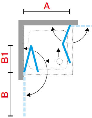 Diagram of corner entry corenr shower enclosure utilising bi-folding shower doors