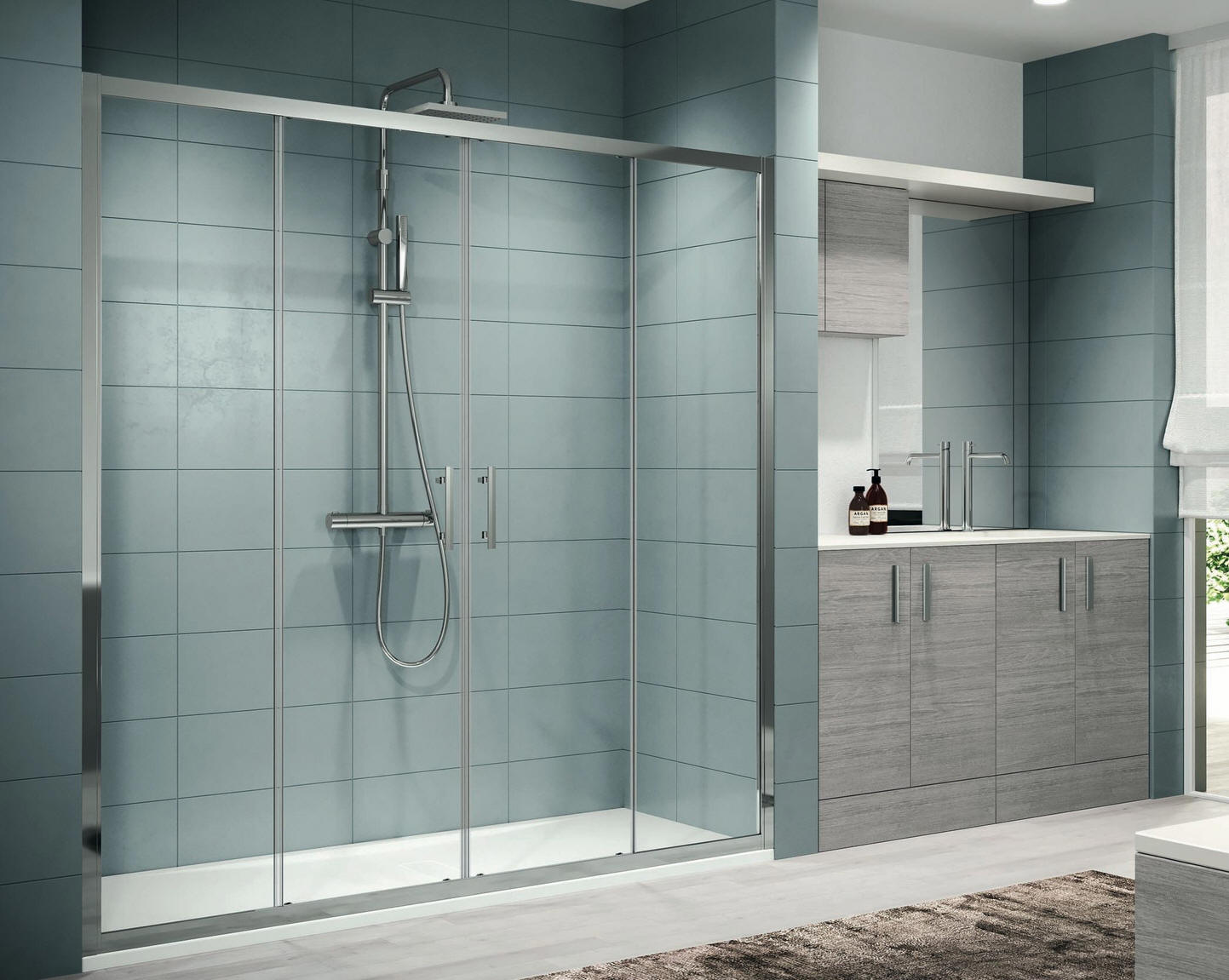 Novellini ZEPHYROS 2A extra wide shower enclosure comprising double sliding doors suitable for corner, mid-wall or alcove installation.