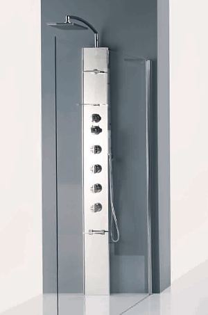 Cascata 1 shower panel in silver with waterfall, rain head, body jets hose and handset, thermostatic control and seat.