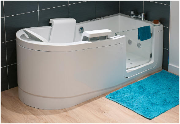 Easy Riser walk in bath with powered lifting seat. The Easy Riser has an assistive back support that gently lowers the user into the reclined position then helps them return to the upright position when required.