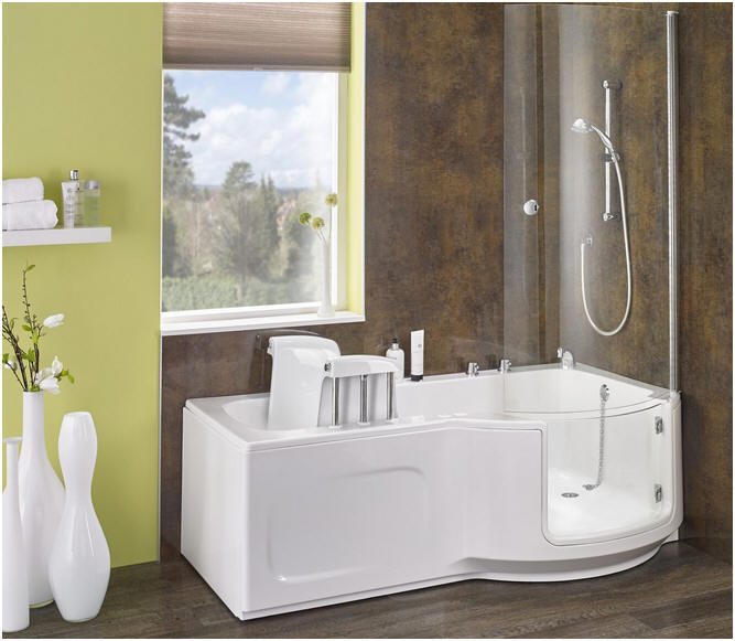 Louisiana walk in bath. Shown here is the Louisiana 3 walk in bath with powered llifting seat, side entry via glass door, full height shower screen and the TMV3 tap and spout set.
