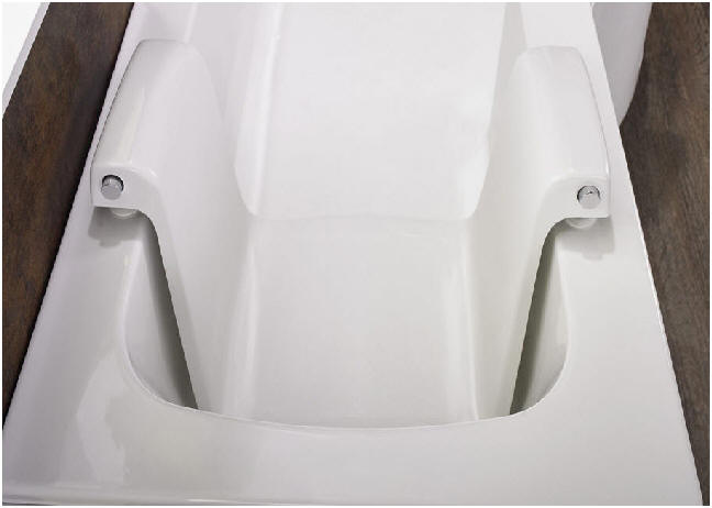 Indiana walk in bath with seat in the lowered position.
