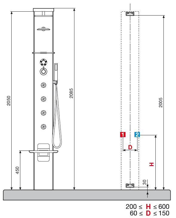 Novellini Cascata 3 shower panel dimensions
