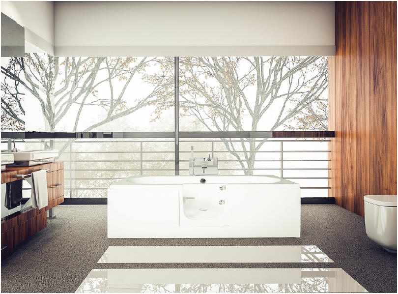 Cortega double ended walk in bath with central glass door entry