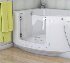 Indiana walk in bath has a curved glass entrance door