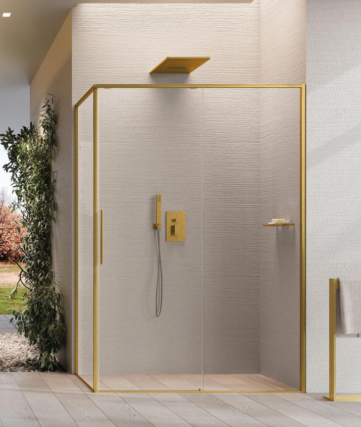 Novellini RIGA 2P+F sliding door corner shower enclosure finished with gold profiles