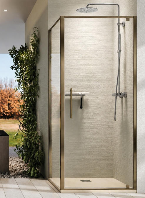 Novellini RIGA G pivot shower door in a corner setting - Bronze finish