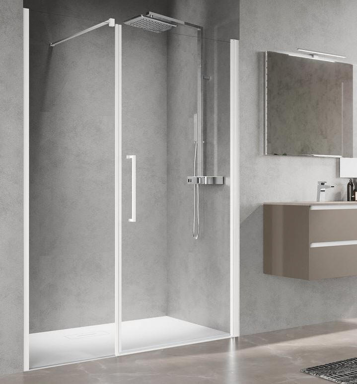 Novellini YOUNG PLUS hinged door with inline fixed panel - shown in silver finish