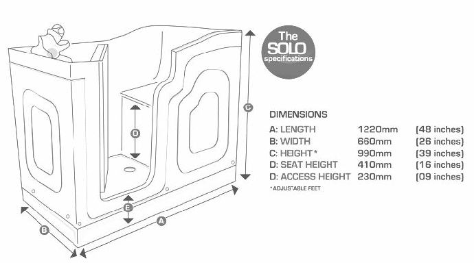 Diagram showing the dimensions of the SOLO walk in bath