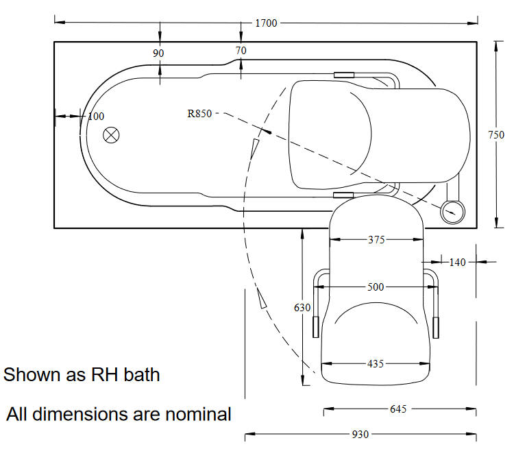 Mantaleda OMEGA 1700 x 750 bath diagram showing swing of seat